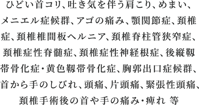 頚椎症、頚椎椎間板ヘルニア、頚椎脊柱管狭窄症、頚椎症性脊髄症、頚椎症性神経根症、後縦靱帯骨化症・黄色靱帯骨化症、胸郭出口症候群、首から手のしびれ、頭痛、片頭痛、緊張性頭痛、頚椎手術後の首や手の痛み・痺れ